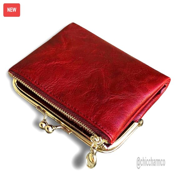 Women's Compact Leather Bifold Wallet with RFID Protection Kiss Lock